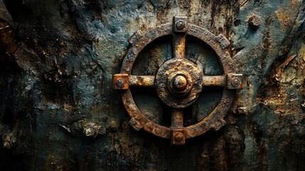 Poster - Industrial train wheel detail on a rusted rail, rugged textures and minimalist design elements