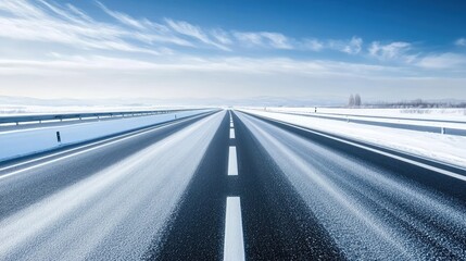 Poster - Isolated stretch of highway through a snowy winter landscape, pale sky overhead, and a serene atmosphere, perfect for text