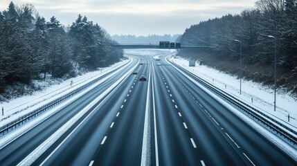 Poster - Isolated stretch of highway through a snowy winter landscape, pale sky overhead, and a serene atmosphere, perfect for text