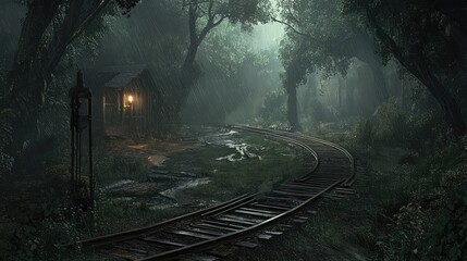 Poster - Long stretch of rail lines curving through a dense forest, dramatic lighting and natural textures creating depth