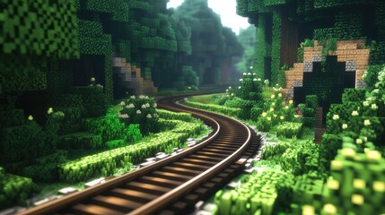 Poster - Long stretch of rail lines curving through a dense forest, dramatic lighting and natural textures creating depth