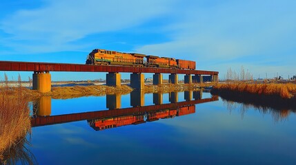 Poster - Minimalist image of a freight train bridge spanning over a quiet river, vibrant sky reflecting in the still water below