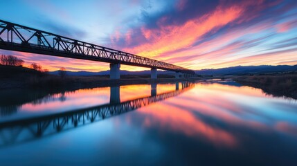 Poster - Minimalist image of a freight train bridge spanning over a quiet river, vibrant sky reflecting in the still water below