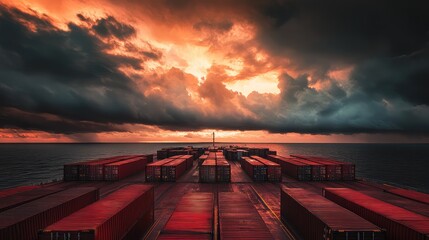 Poster - Minimalist shot of a cargo ship's deck with containers neatly arranged, dramatic clouds above adding depth to the scene