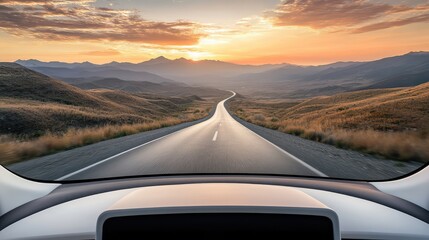 Poster - Minimalist shot of a clean car dashboard with a scenic mountain road ahead, neutral tones and plenty of negative space
