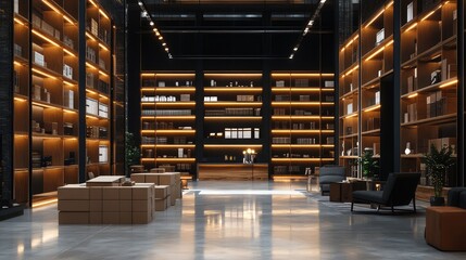 Poster - Minimalist warehouse interior with tall shelves of freight boxes, clean polished floors and dramatic overhead lighting