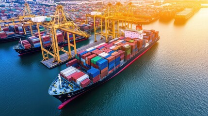 Poster - Overhead shot of a calm harbor with neatly arranged freight ships and container rows, vibrant colors against the water
