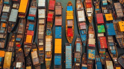 Poster - Overhead shot of a calm harbor with neatly arranged freight ships and container rows, vibrant colors against the water