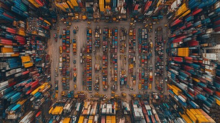 Poster - Overhead view of a freight distribution hub with parked trucks, neatly arranged containers, and clear lines of symmetry