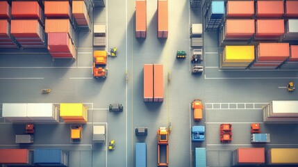 Poster - Overhead view of a cargo terminal with parked trailers, neatly arranged storage containers, and clean open spaces