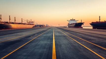Poster - Quiet port with empty shipping lanes and docked freight ships under a clear sky, minimalistic industrial design