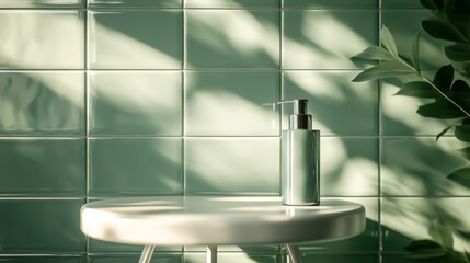 Sticker - 109.A modern product presentation scene with a sleek cosmetic bottle placed on a glossy white swivel stool, set against a backdrop of green ceramic tiles with a subtle reflective surface, illuminated