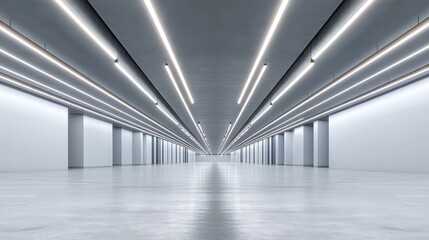 Poster - Symmetrical shot of an empty parking garage with fluorescent lighting, smooth concrete texture, and industrial aesthetic