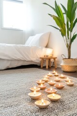 Wall Mural - Vibrant Diwali scene with lit diyas and colorful rangoli.