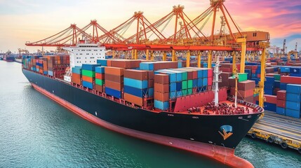Poster - Wide-angle shot of an industrial harbor with cargo ships, cranes, and neatly stacked containers, vibrant sunset sky for contrast