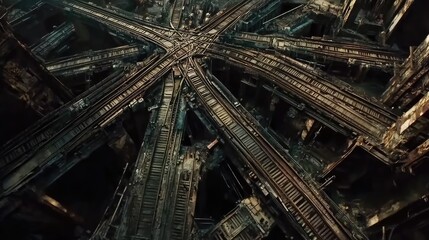 Poster - Wide-angle shot of multiple railway tracks converging at a switchyard, intricate patterns and muted industrial tones
