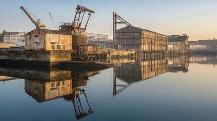 Poster - Wide-angle shot of a quiet industrial pier with cranes and cargo containers, calm waters reflecting the bright morning sky
