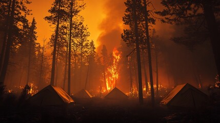 Sticker - Fiery orange sunset illuminates raging forest fire engulfing small cabins. AI Generated