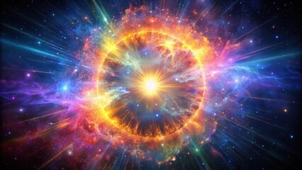Wall Mural - Cosmic Explosion A vibrant nebula with a radiant central burst of light and color, surrounded by swirling gases and cosmic rays.