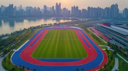 Wall Mural - Aerial view of a sports field with running track and city skyline.