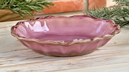 Poster - Elegant Pink Bowl Resting on a Wooden Table Surrounded by Natural Light Creating a Warm and Inviting Atmosphere