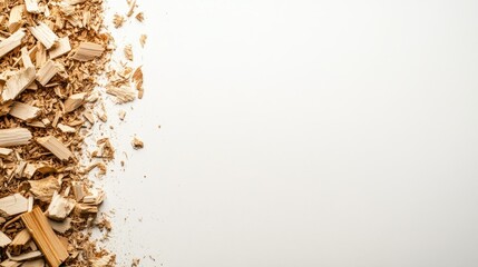 Poster - Wood Shavings on White Surface with Space for Text, Natural Texture and Light Brown Color Creating a Minimalist and Organic Aesthetic Ideal for Background Use in Various Projects