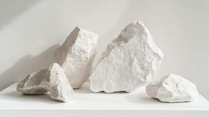 Poster - Natural White Rocks Displayed on a Minimalist Surface, Showcasing Varied Textures and Shapes in Modern Interior Decor for Artistic Inspiration