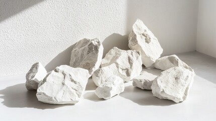 Poster - Natural White Rocks Arranged Artistically on a Bright Modern Surface with Soft Shadows Creating a Minimalist Aesthetic in Contemporary Interior Design