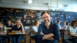 © Mechastock - In a vibrant classroom, a smiling male teacher stands proudly with arms crossed, surrounded by attentive students engaged in learning. The environment fosters curiosity and collaboration