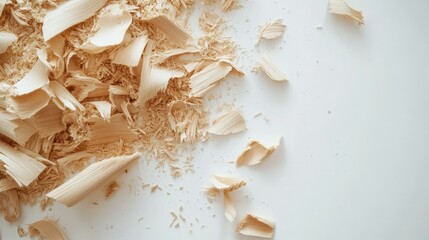 Poster - Natural Wood Shavings Create Artistic Textures on a White Surface, Perfect for Backgrounds in Crafts or Home Decor Projects, Highlighting the Beauty of Organic Materials
