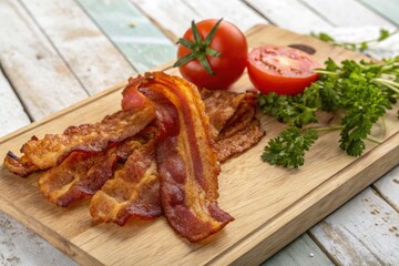 Crispy Bacon and Fresh Vegetables on a Wooden Board in a Rustic Kitchen Setting