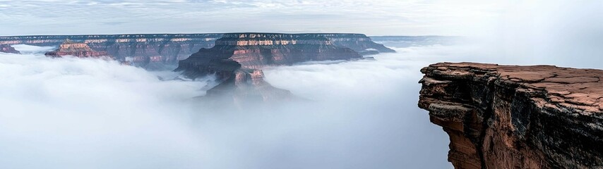 Wall Mural - Surreal Misty Landscape with Grand Canyon View and Dramatic Rock Formation at Sunrise