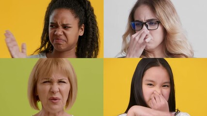 Poster - Four individuals express various emotions while covering their noses, illustrating strong reactions. This collection captures diversity and genuine responses against vibrant backgrounds.