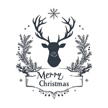 a black and white image of a deer head and a wreath.
