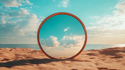 Wall Mural - oval mirror reflecting sky and ocean on sandy beach