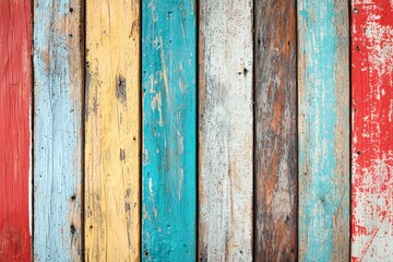 Colorful wooden planks arranged vertically, showcasing a rustic texture with a vibrant background