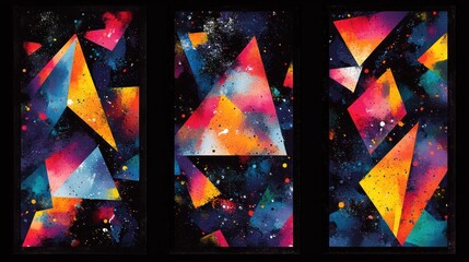 Wall Mural - Abstract cosmic art triptych with vibrant triangles and nebula textures.