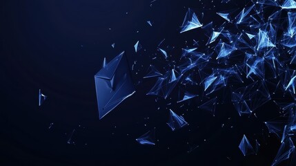 Poster - A dynamic visual featuring fragmented blue shapes dispersing in a dark background, suggesting movement and transformation.