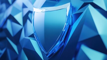 Poster - A sleek, blue shield emblem stands out against a textured, angular blue background, symbolizing protection and security.
