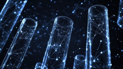 Poster - A futuristic image showcasing glowing tubes interconnected by intricate lines, set against a dark background, symbolizing technology and innovation.