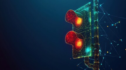 Poster - A digital representation of a traffic light with glowing red, yellow, and green lights, set against a dark background, symbolizing traffic control and safety.