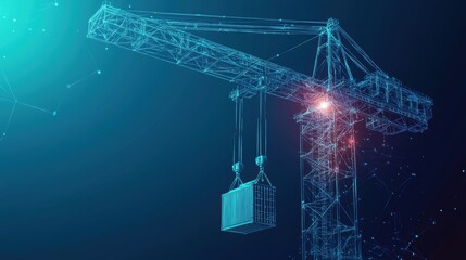 Poster - A digital representation of a crane lifting a container, showcasing a futuristic design with glowing lines and geometric patterns.