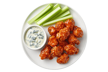 Wall Mural - Buffalo wings with bright orange glaze and celery sticks on white plate isolated on white or transparent, PNG