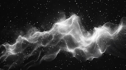Poster - Abstract black-and-white image featuring waves of light and particles, creating a cosmic, ethereal effect.