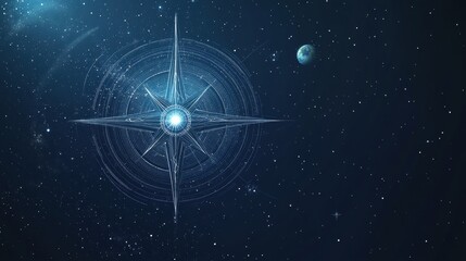 Poster - A cosmic scene featuring a bright star, surrounded by planets and a celestial compass, set against a starry dark background.
