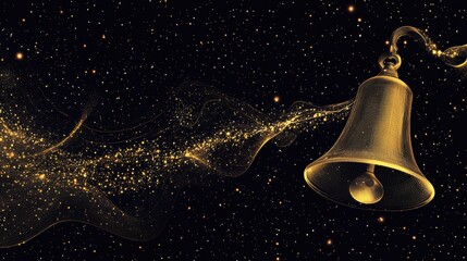 Poster - A shimmering golden bell emits a trail of sparkling dust against a starry black background, creating a magical and enchanting atmosphere.