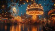© Almahyra - Rainy night at amusement park with Ferris wheel and carousel.