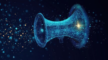Poster - A digital illustration of a speaker emitting colorful particles, symbolizing sound waves and creativity in a futuristic style.
