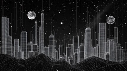 Poster - A futuristic cityscape with towering skyscrapers, stars, and two moons set against a black night sky, evoking a sense of mystery and technology.