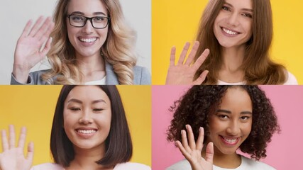 Poster - A collage of four people from various backgrounds smiling and waving. Their positive emotions stand out against bright yellow and pink backgrounds, conveying joy and warmth.